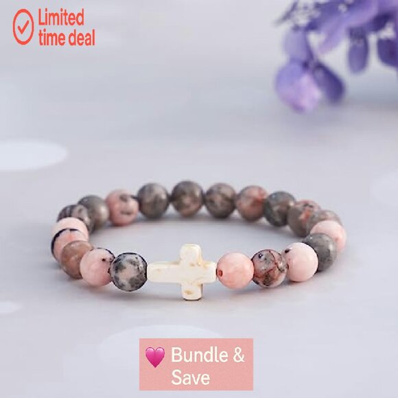 Natural Stone Cross Bead Bracelet, Stretch Fit, Christian Gift - Picture 5 of 8